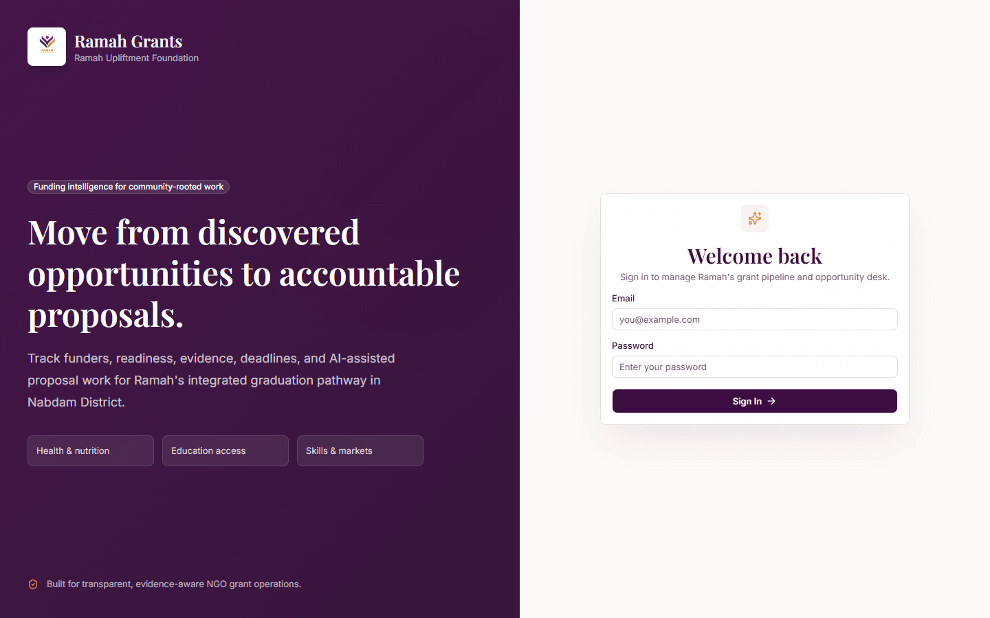 Ramah Grants landing page screenshot