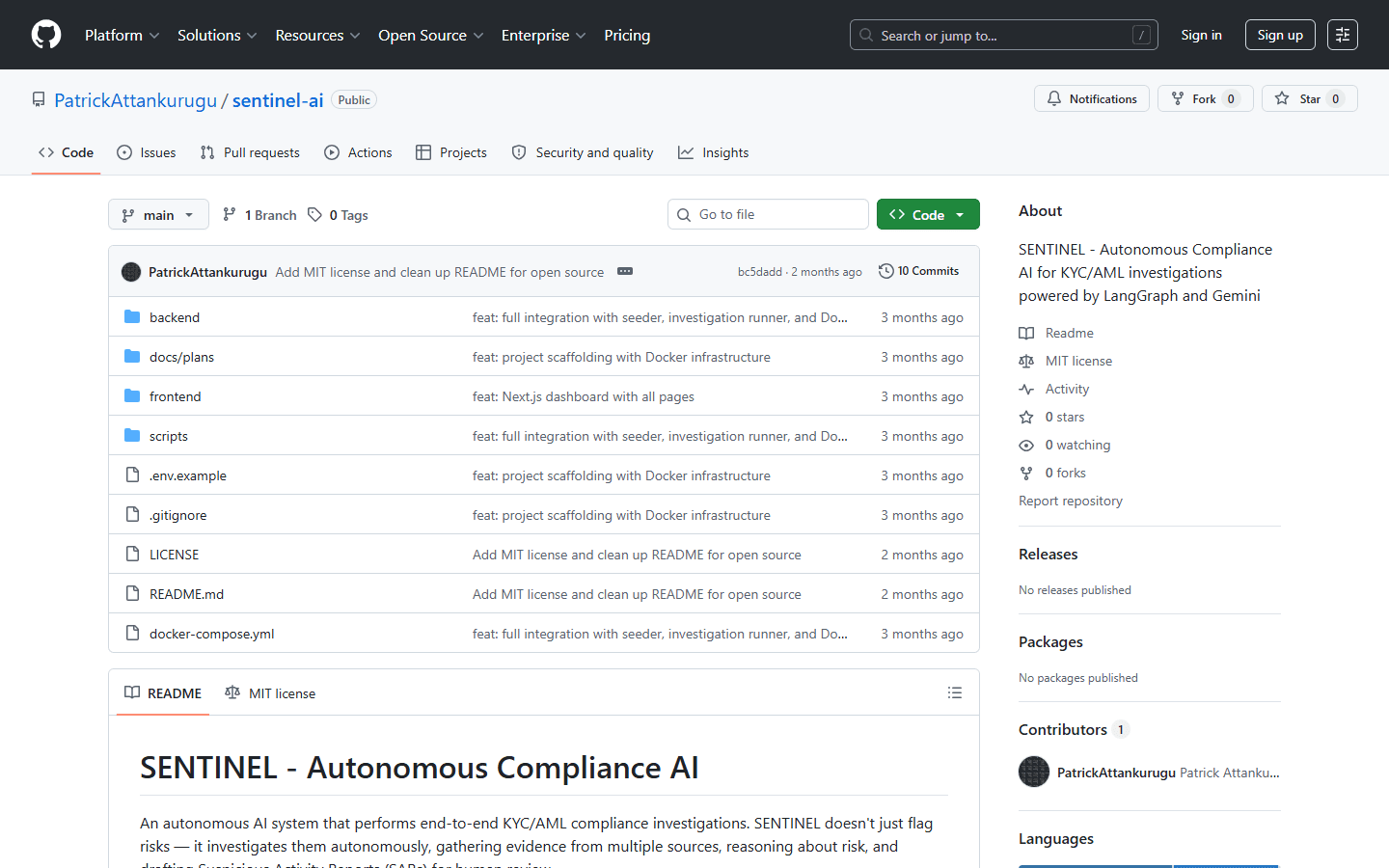 SENTINEL landing page screenshot